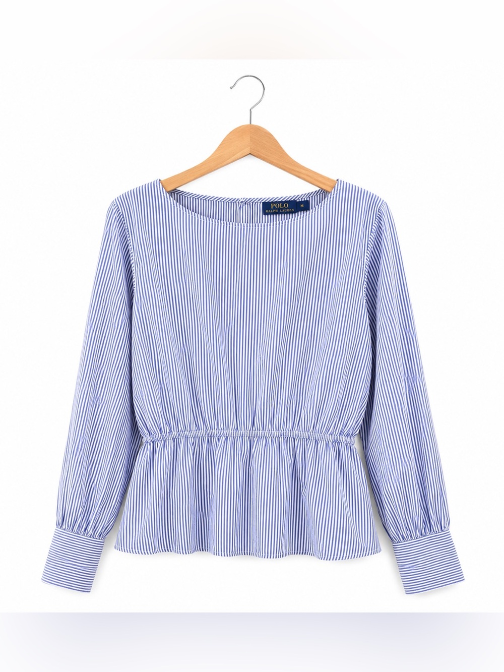 Polo Ralph Lauren Blue White Pinstripe Peplum Blouse Long Sleeve Women’s Medium